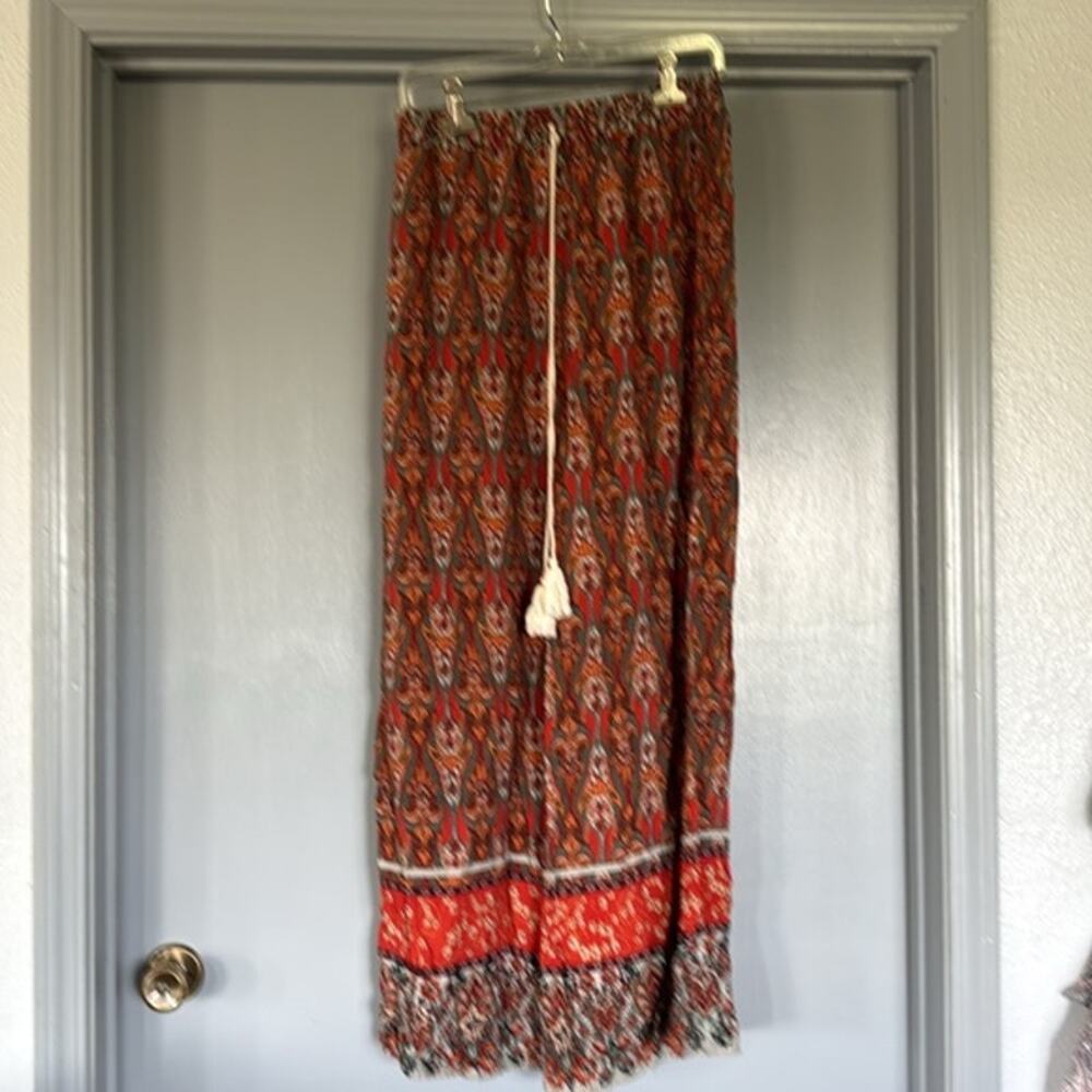 Luukse Brown Gold Floral Wide Leg Women's Pants sz Large Elastic Waist Boho